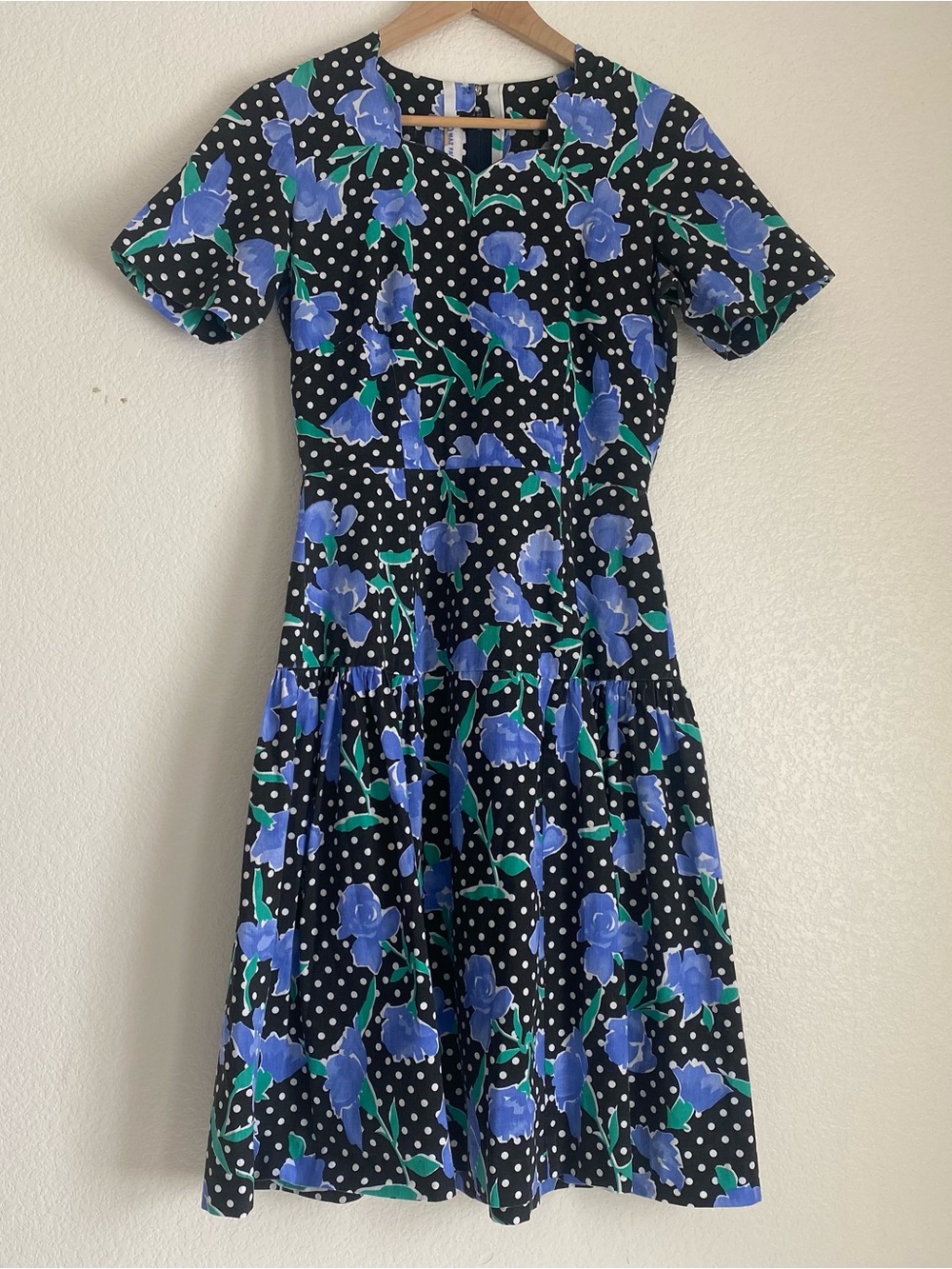 Vintage handmade 1988 floral Fit and flare drop waist polka dot midi dress, M